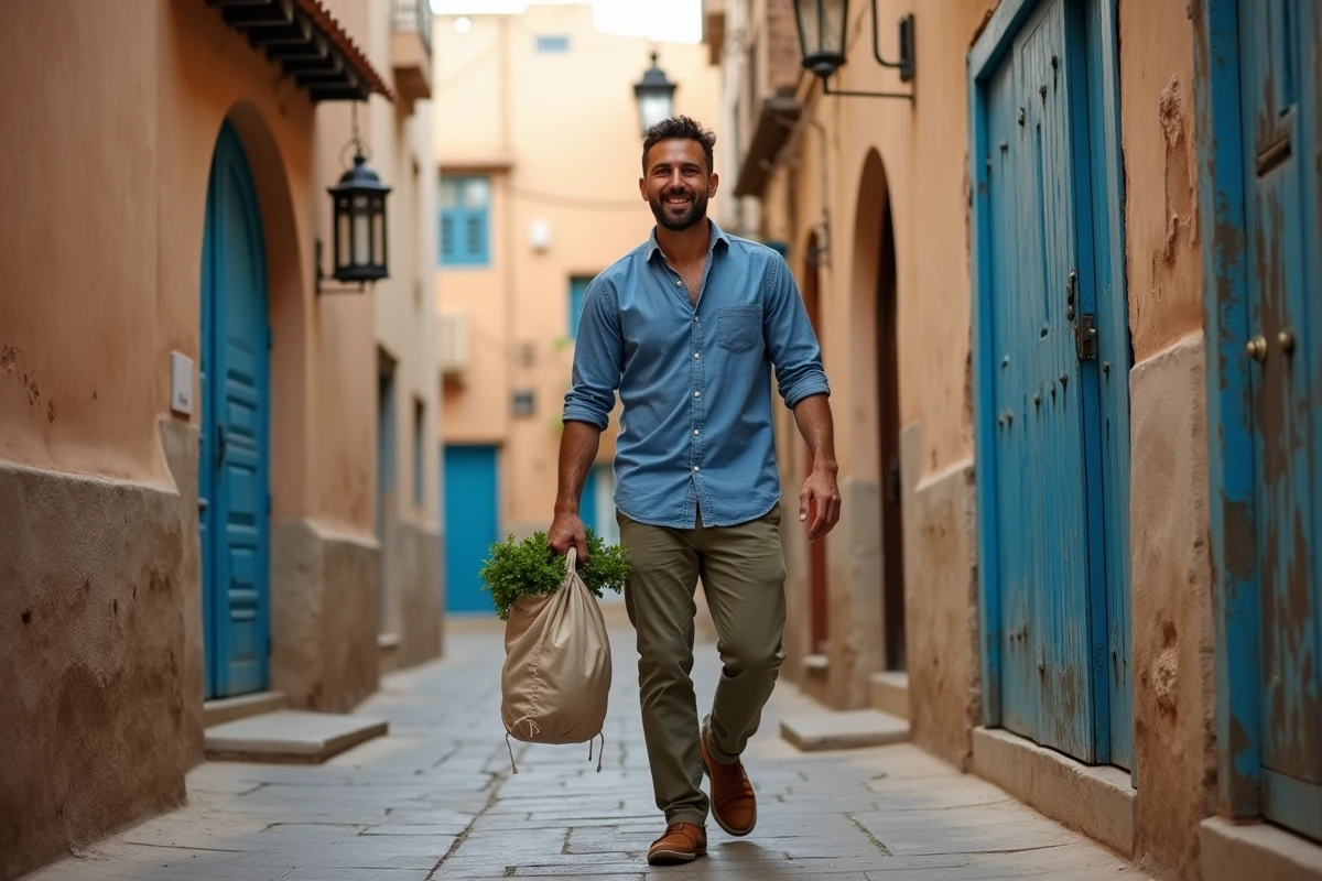 Homme se promenant dans une ruelle de la médina d'Essaouira avec courses du marché local