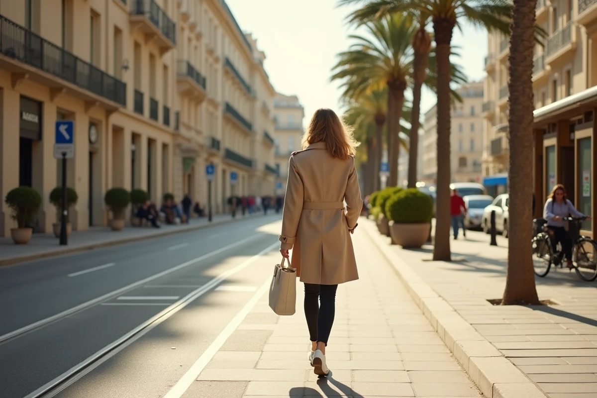 Femme élégante marchant dans un quartier chic de Marseille avec des pistes cyclables et un arrêt de tram en arrière-plan
