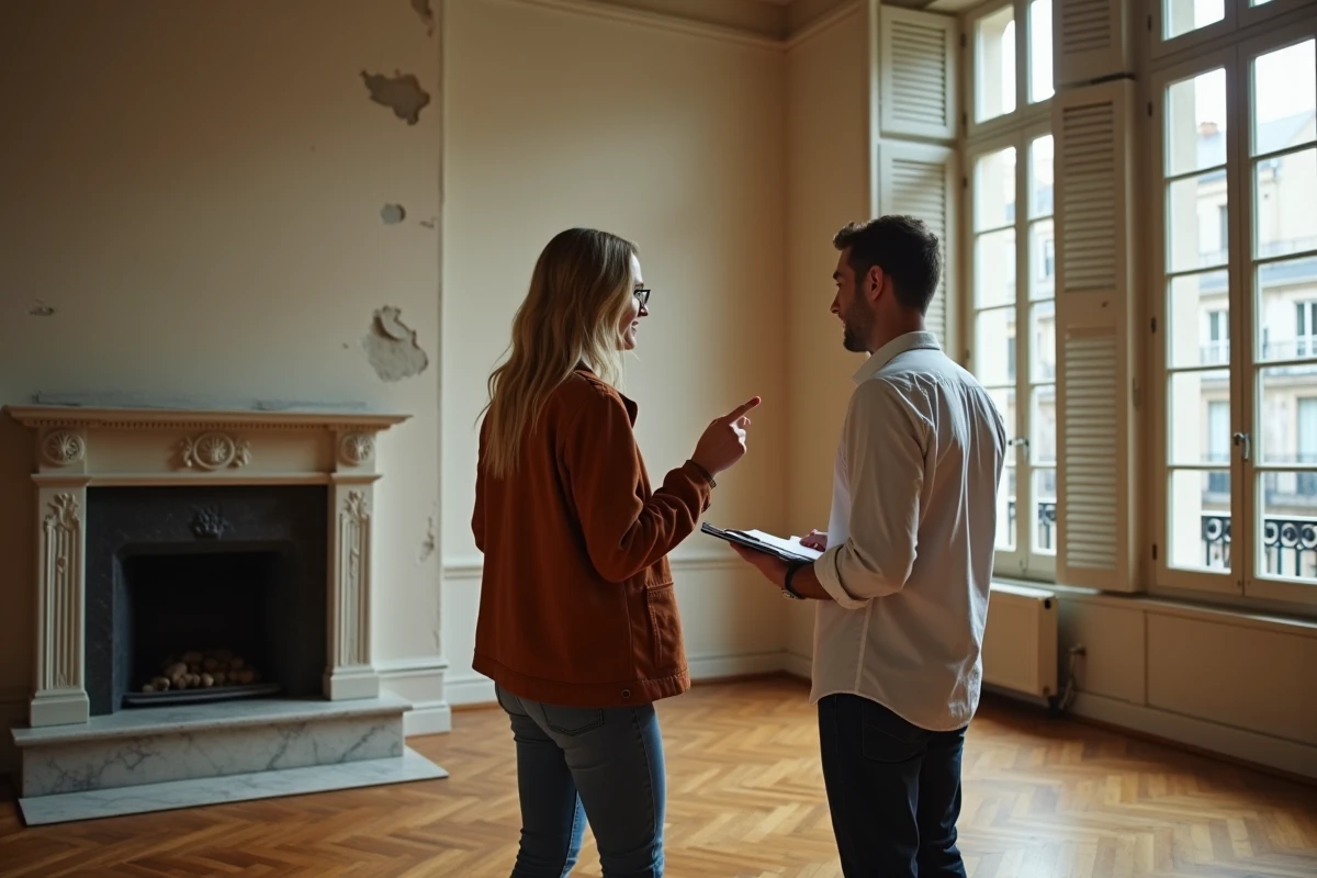 Couple visitant un appartement parisien non meublé lors d'une visite locative, évaluant le potentiel du bien