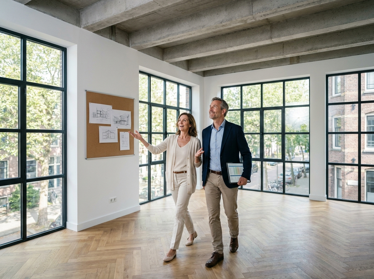 Couple de professionnels visitant un appartement de luxe rénové pour évaluer sa valorisation immobilière
