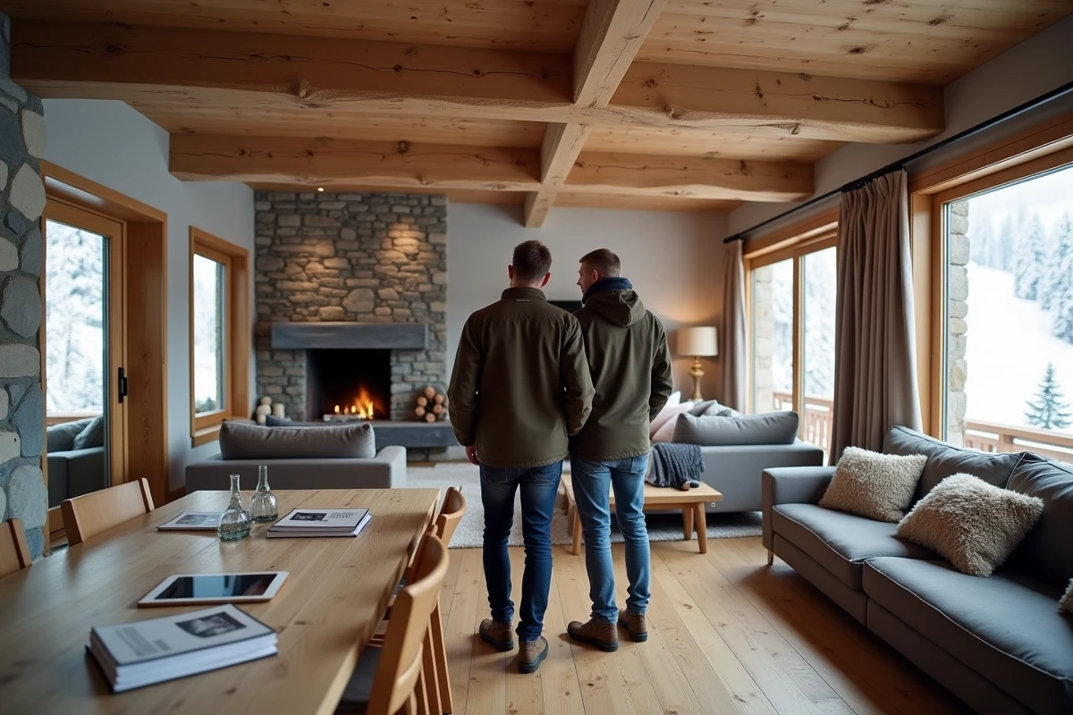 Couple visitant un appartement à vendre aux Menuires avec vue sur les pistes de ski