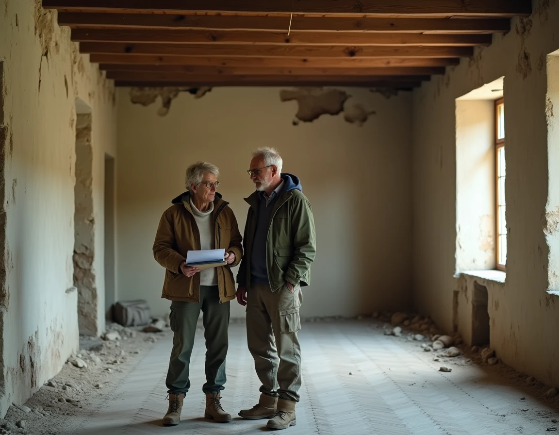 Couple de futurs acquéreurs visitant l'intérieur délabré d'un manoir à rénover en France, inspectant les murs et les poutres