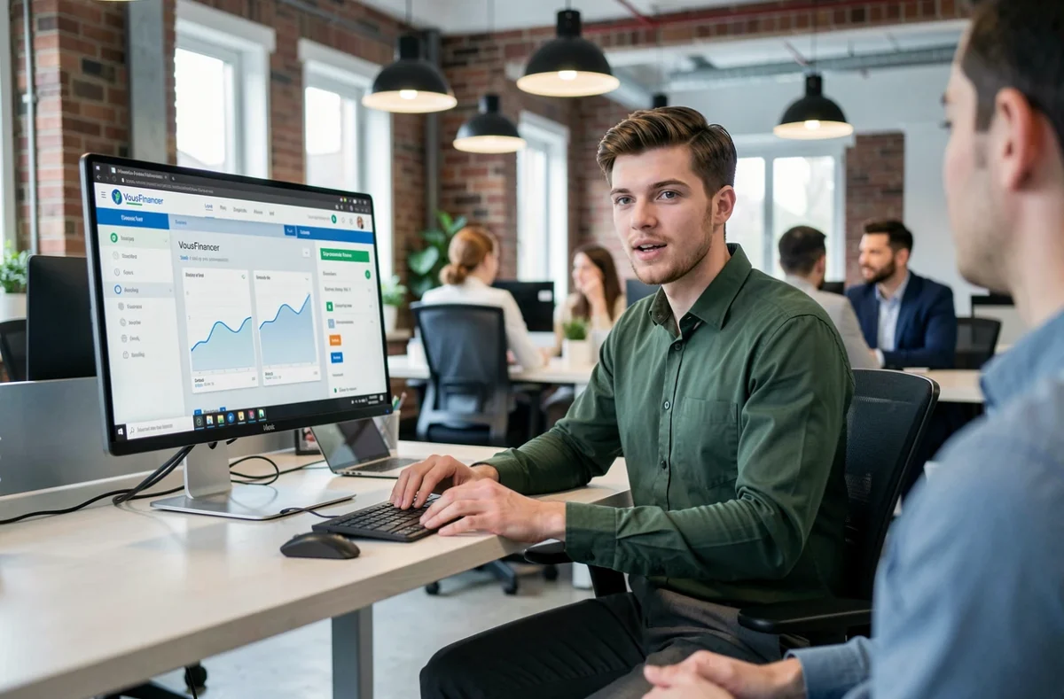 Conseiller VousFinancer utilisant la plateforme numérique de simulation de prêt immobilier dans un bureau moderne au style startup