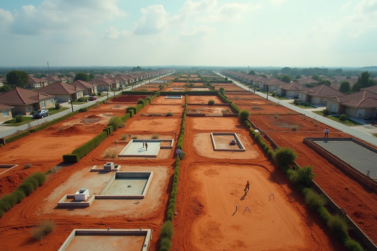 Vue aérienne de parcelles de terrain à bâtir dans un lotissement en construction en France