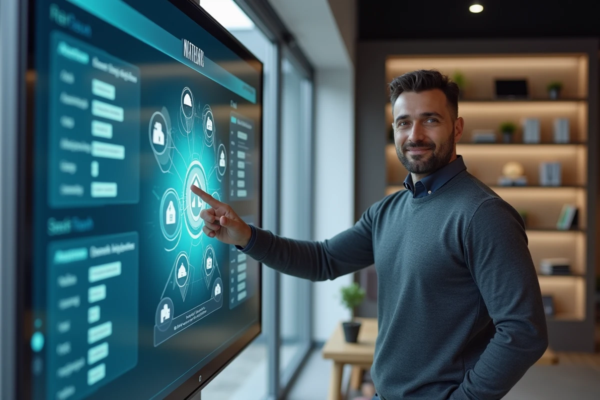Entrepreneur immobilier présentant l'approche tout-en-un de Zoho CRM avec extension terrain sur écran mural